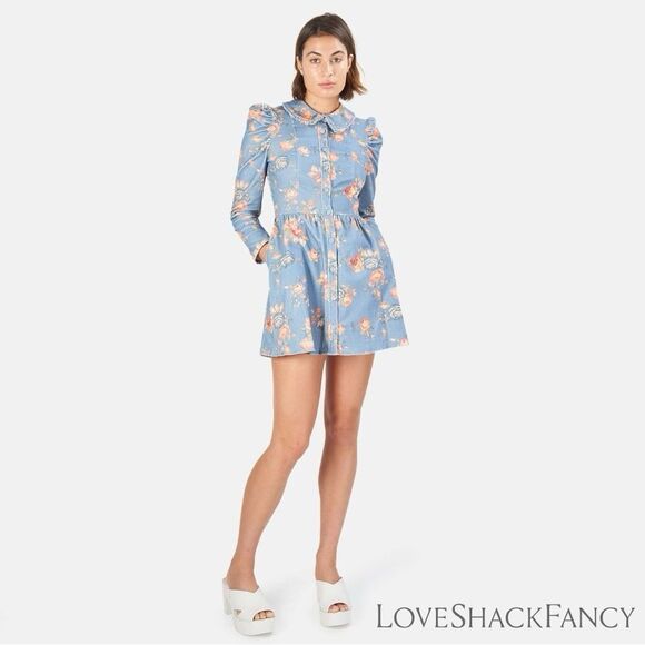 LOVESHACKFANCY **NWT** Beyers Corduroy Mini Dress in Faded Denim Floral - Picture 2 of 16